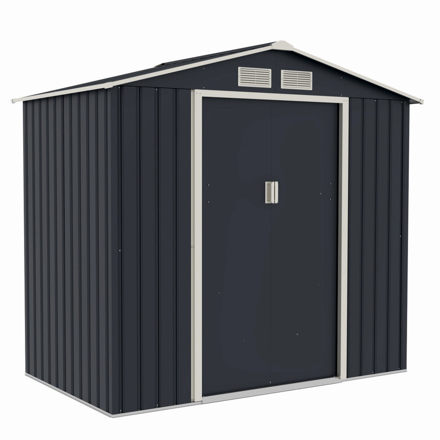 Casuta / magazie de gradina premium metalica MESTERINO Archer-A, Gri/Bej, dimensiuni 213x131x195 cm, cu usi culisante si baza metalica