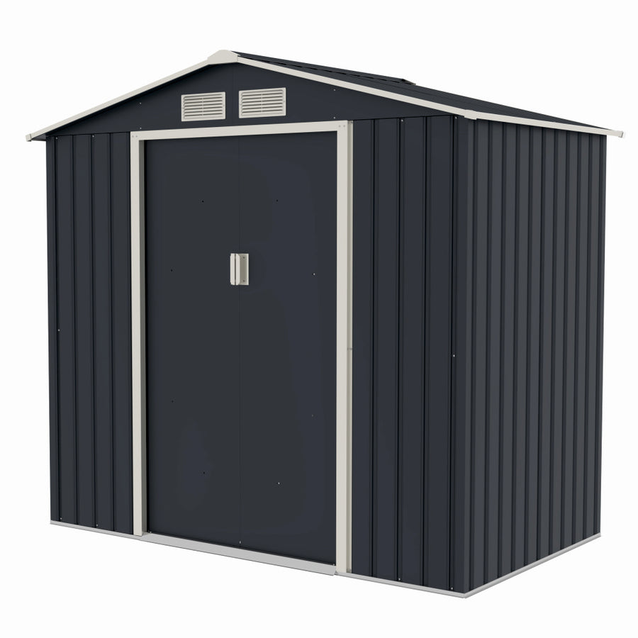 Casuta / magazie de gradina premium metalica MESTERINO Archer-A, Gri/Bej, dimensiuni 213x131x195 cm, cu usi culisante si baza metalica