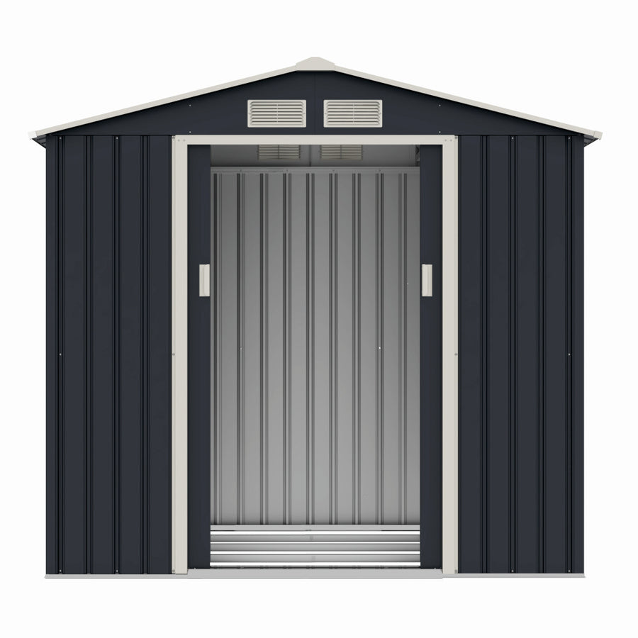 Casuta / magazie de gradina premium metalica MESTERINO Archer-A, Gri/Bej, dimensiuni 213x131x195 cm, cu usi culisante si baza metalica