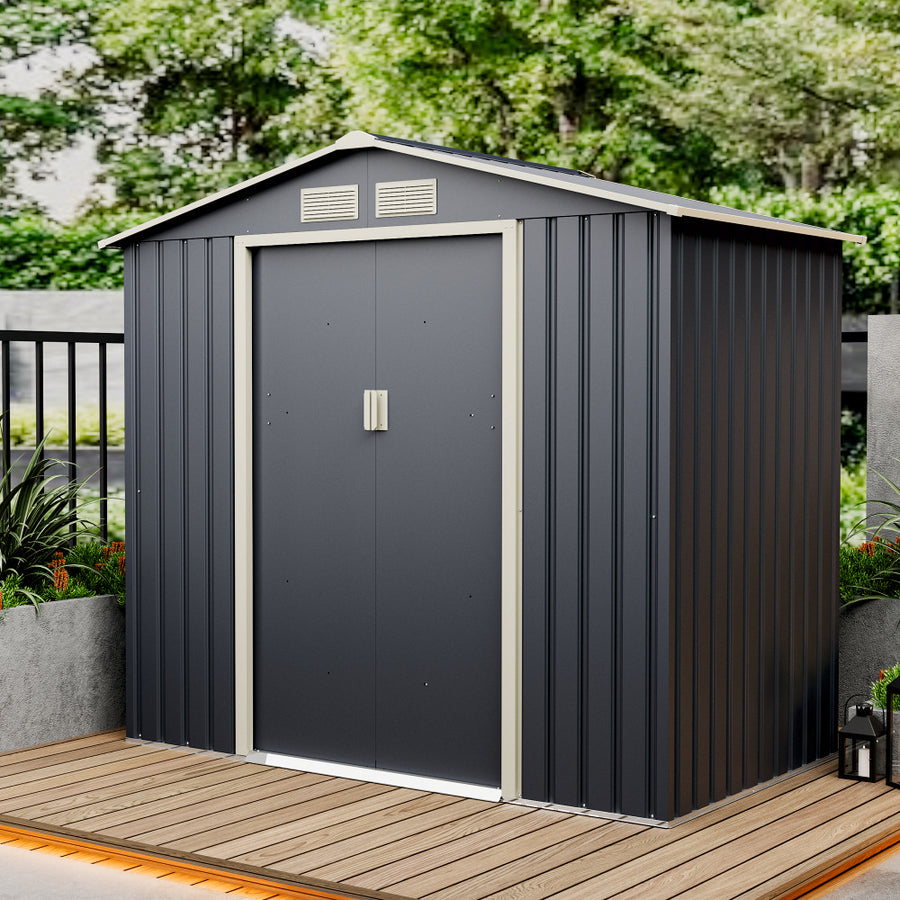 Casuta / magazie de gradina premium metalica MESTERINO Archer-A, Gri/Bej, dimensiuni 213x131x195 cm, cu usi culisante si baza metalica
