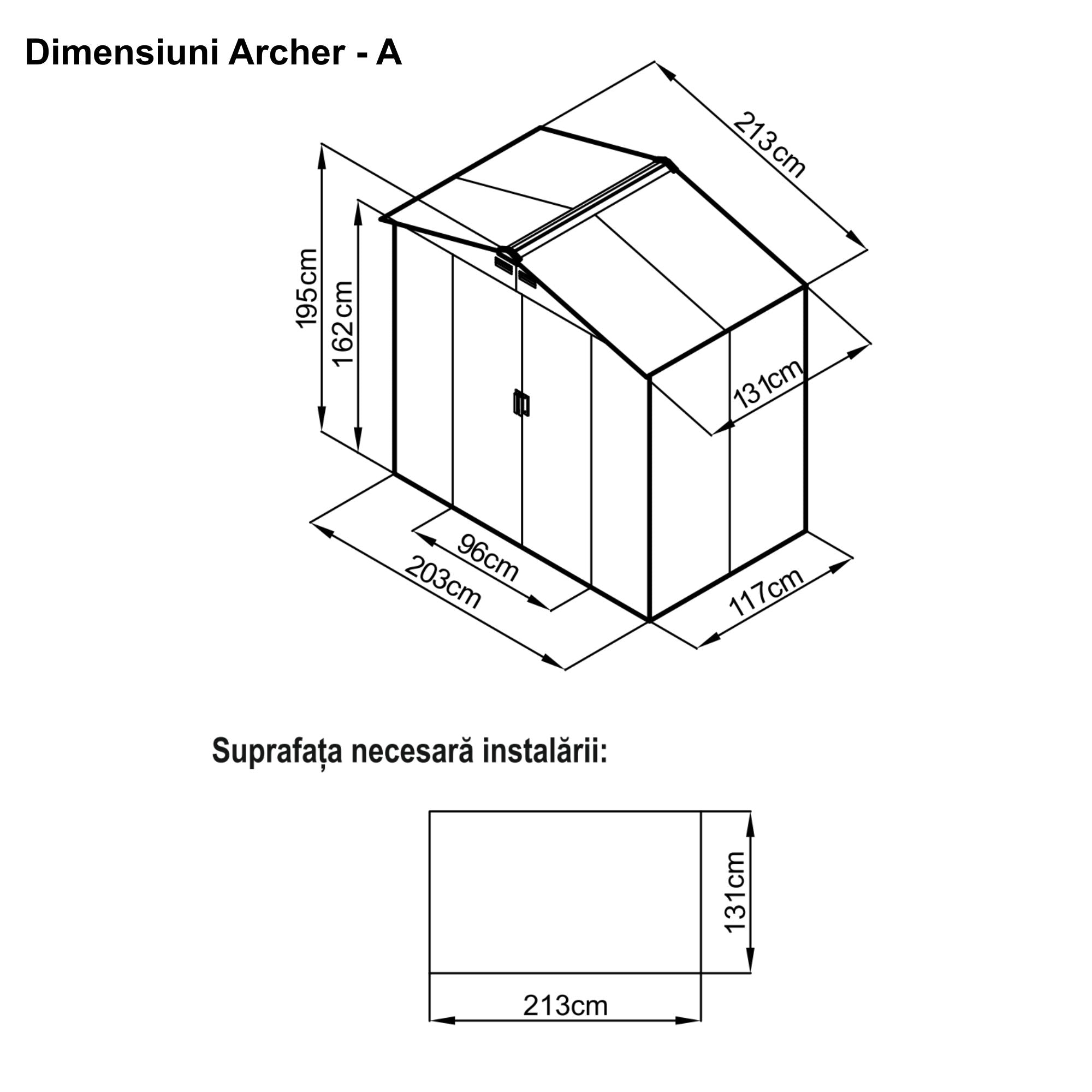 Casuta / magazie de gradina premium metalica MESTERINO Archer-A, Gri/Bej, dimensiuni 213x131x195 cm, cu usi culisante si baza metalica