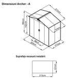 Casuta / magazie de gradina premium metalica MESTERINO Archer-A, Gri/Bej, dimensiuni 213x131x195 cm, cu usi culisante si baza metalica