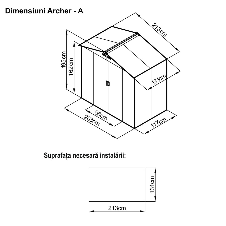 Casuta / magazie de gradina premium metalica MESTERINO Archer-A, Gri/Bej, dimensiuni 213x131x195 cm, cu usi culisante si baza metalica