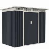 Casuta / magazie de gradina premium metalica, MESTERINO Bella-A, Gri/Bej, dimensiuni 203x117x180 cm, cu usi culisante si baza metalica