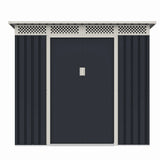 Casuta / magazie de gradina premium metalica, MESTERINO Bella-A, Gri/Bej, dimensiuni 203x117x180 cm, cu usi culisante si baza metalica