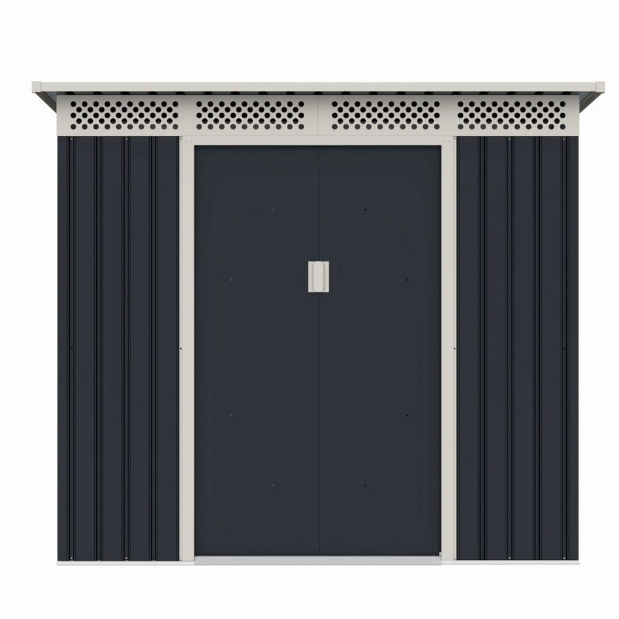 Casuta / magazie de gradina premium metalica, MESTERINO Bella-A, Gri/Bej, dimensiuni 203x117x180 cm, cu usi culisante si baza metalica