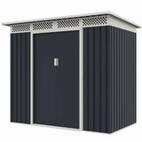 Casuta / magazie de gradina premium metalica, MESTERINO Bella-A, Gri/Bej, dimensiuni 203x117x180 cm, cu usi culisante si baza metalica