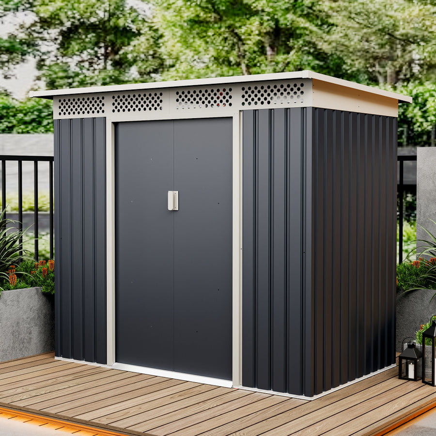 Casuta / magazie de gradina premium metalica, MESTERINO Bella-A, Gri/Bej, dimensiuni 203x117x180 cm, cu usi culisante si baza metalica
