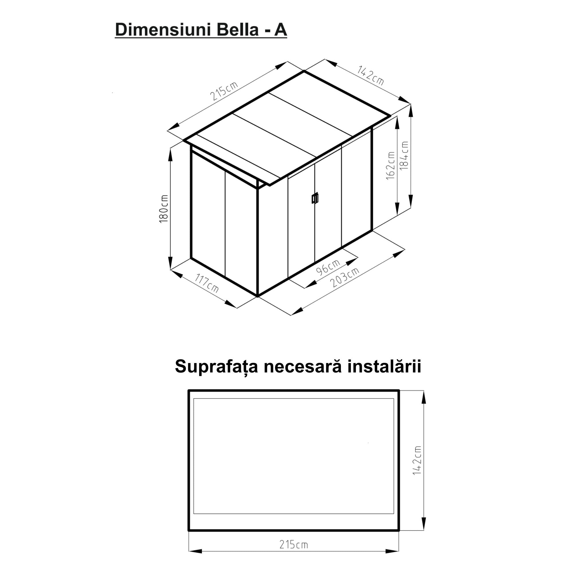 Casuta / magazie de gradina premium metalica, MESTERINO Bella-A, Gri/Bej, dimensiuni 203x117x180 cm, cu usi culisante si baza metalica