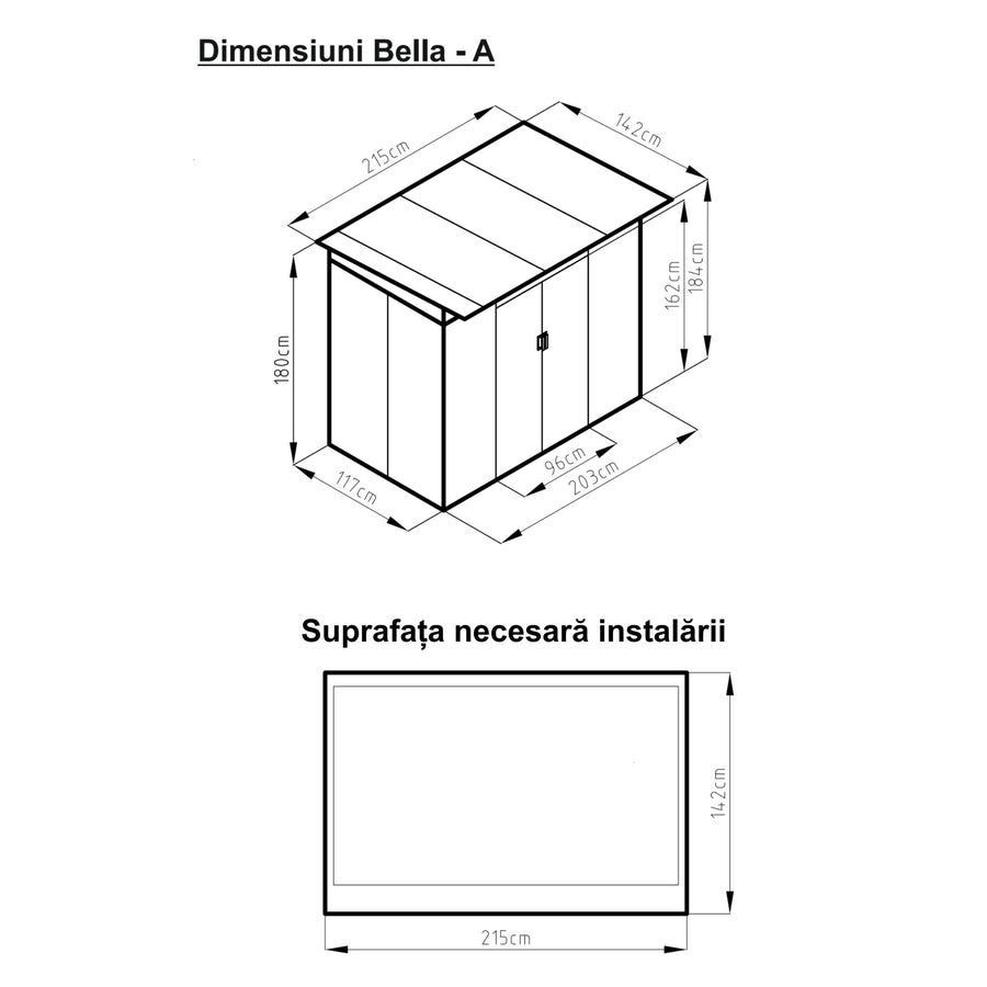 Casuta / magazie de gradina premium metalica, MESTERINO Bella-A, Gri/Bej, dimensiuni 203x117x180 cm, cu usi culisante si baza metalica
