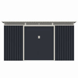Casuta / magazie de gradina premium metalica, MESTERINO Bella-C, Gri/Bej, dimensiuni 343x142x184 cm, cu usi culisante si baza metalica