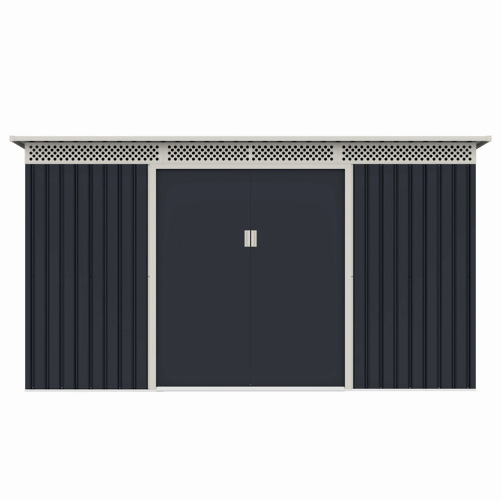 Casuta / magazie de gradina premium metalica, MESTERINO Bella-C, Gri/Bej, dimensiuni 343x142x184 cm, cu usi culisante si baza metalica