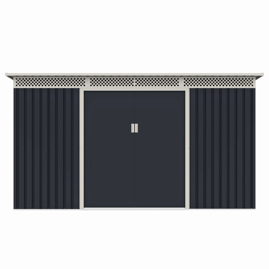 Casuta / magazie de gradina premium metalica, MESTERINO Bella-C, Gri/Bej, dimensiuni 343x142x184 cm, cu usi culisante si baza metalica