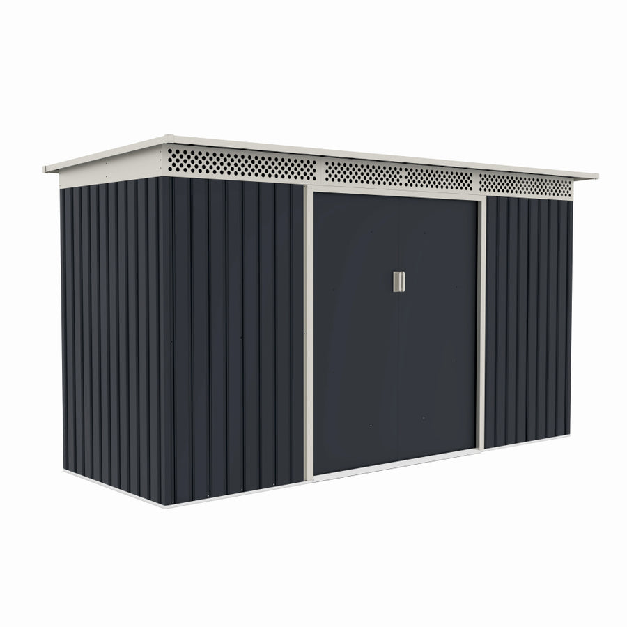 Casuta / magazie de gradina premium metalica, MESTERINO Bella-C, Gri/Bej, dimensiuni 343x142x184 cm, cu usi culisante si baza metalica