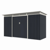 Casuta / magazie de gradina premium metalica, MESTERINO Bella-C, Gri/Bej, dimensiuni 343x142x184 cm, cu usi culisante si baza metalica