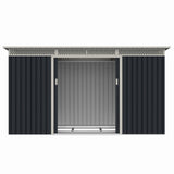 Casuta / magazie de gradina premium metalica, MESTERINO Bella-C, Gri/Bej, dimensiuni 343x142x184 cm, cu usi culisante si baza metalica