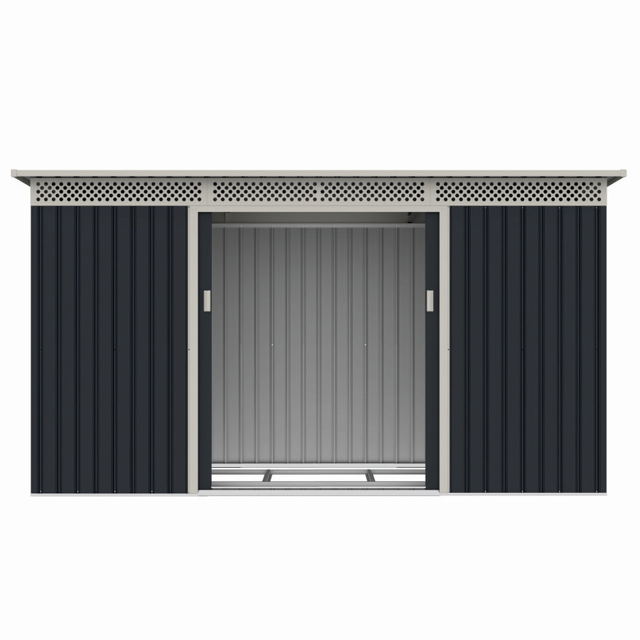 Casuta / magazie de gradina premium metalica, MESTERINO Bella-C, Gri/Bej, dimensiuni 343x142x184 cm, cu usi culisante si baza metalica