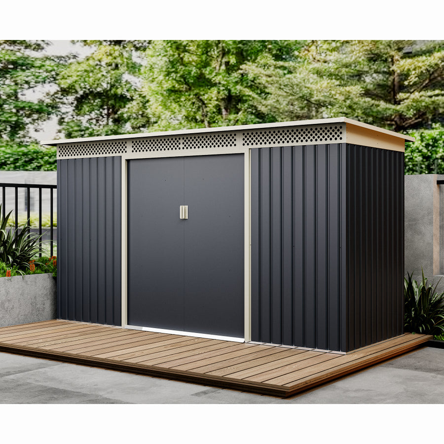 Casuta / magazie de gradina premium metalica, MESTERINO Bella-C, Gri/Bej, dimensiuni 343x142x184 cm, cu usi culisante si baza metalica