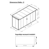 Casuta / magazie de gradina premium metalica, MESTERINO Bella-C, Gri/Bej, dimensiuni 343x142x184 cm, cu usi culisante si baza metalica