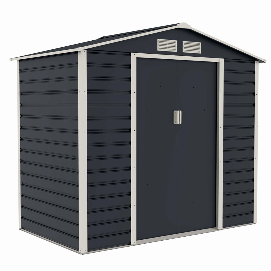 Casuta / magazie de gradina premium metalica, MESTERINO Evan-A, Gri/Bej, dimensiuni 213x131x192 cm, cu usi culisante si baza metalica
