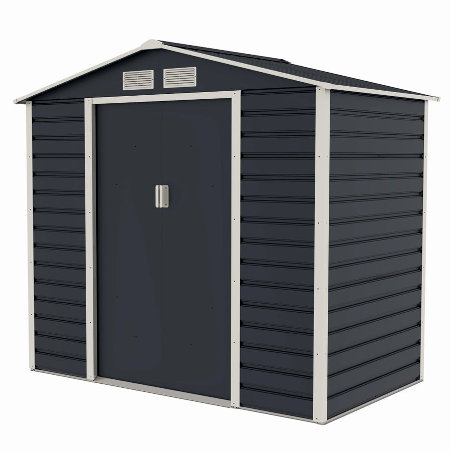 Casuta / magazie de gradina premium metalica, MESTERINO Evan-A, Gri/Bej, dimensiuni 213x131x192 cm, cu usi culisante si baza metalica