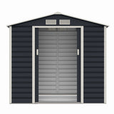 Casuta / magazie de gradina premium metalica, MESTERINO Evan-A, Gri/Bej, dimensiuni 213x131x192 cm, cu usi culisante si baza metalica