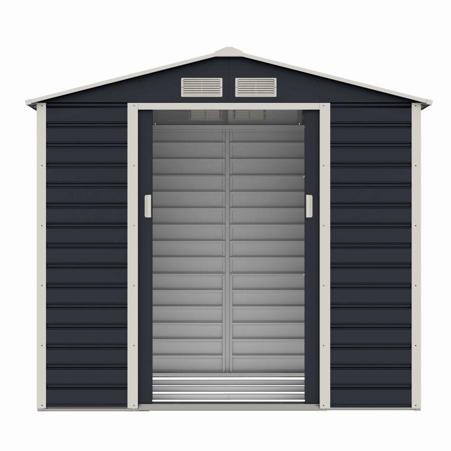 Casuta / magazie de gradina premium metalica, MESTERINO Evan-A, Gri/Bej, dimensiuni 213x131x192 cm, cu usi culisante si baza metalica