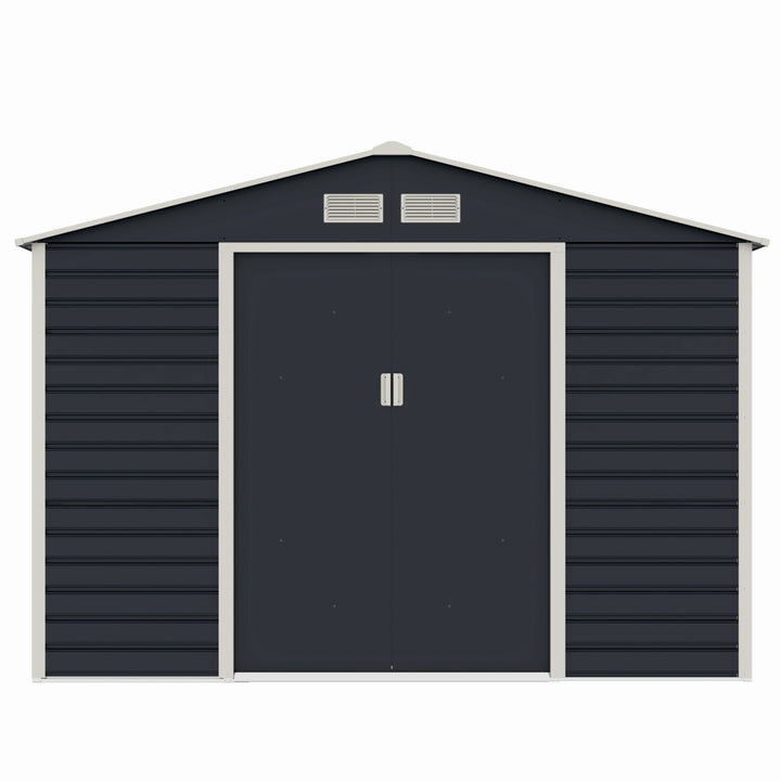 Casuta / magazie de gradina premium metalica, MESTERINO Evan-C, Gri/Bej, dimensiuni 277x195x200 cm, cu usi culisante si baza metalica