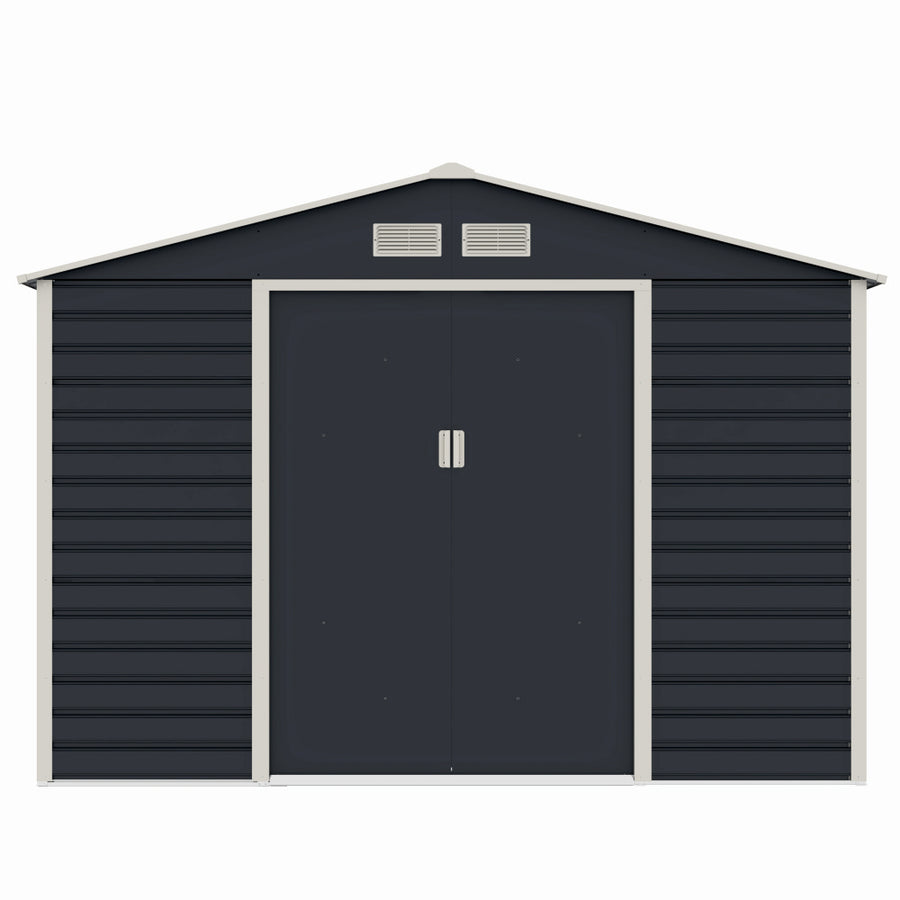 Casuta / magazie de gradina premium metalica, MESTERINO Evan-C, Gri/Bej, dimensiuni 277x195x200 cm, cu usi culisante si baza metalica