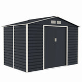 Casuta / magazie de gradina premium metalica, MESTERINO Evan-C, Gri/Bej, dimensiuni 277x195x200 cm, cu usi culisante si baza metalica