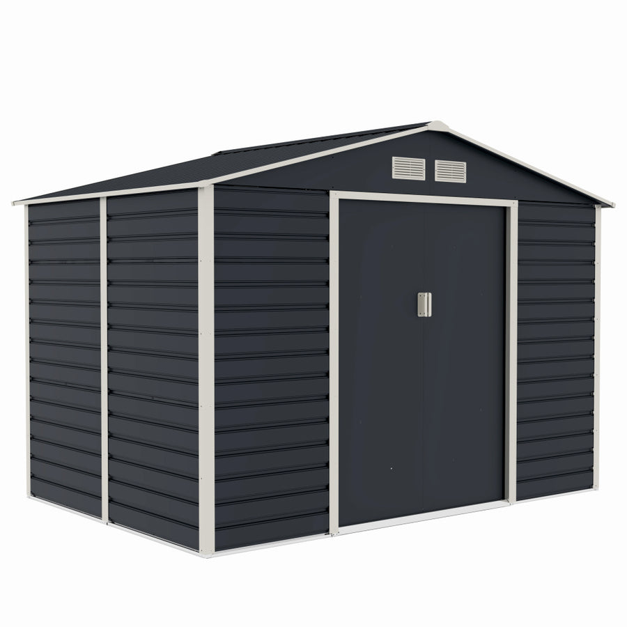 Casuta / magazie de gradina premium metalica, MESTERINO Evan-C, Gri/Bej, dimensiuni 277x195x200 cm, cu usi culisante si baza metalica