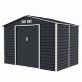 Casuta / magazie de gradina premium metalica, MESTERINO Evan-C, Gri/Bej, dimensiuni 277x195x200 cm, cu usi culisante si baza metalica