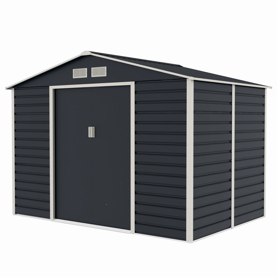 Casuta / magazie de gradina premium metalica, MESTERINO Evan-C, Gri/Bej, dimensiuni 277x195x200 cm, cu usi culisante si baza metalica