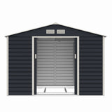 Casuta / magazie de gradina premium metalica, MESTERINO Evan-C, Gri/Bej, dimensiuni 277x195x200 cm, cu usi culisante si baza metalica