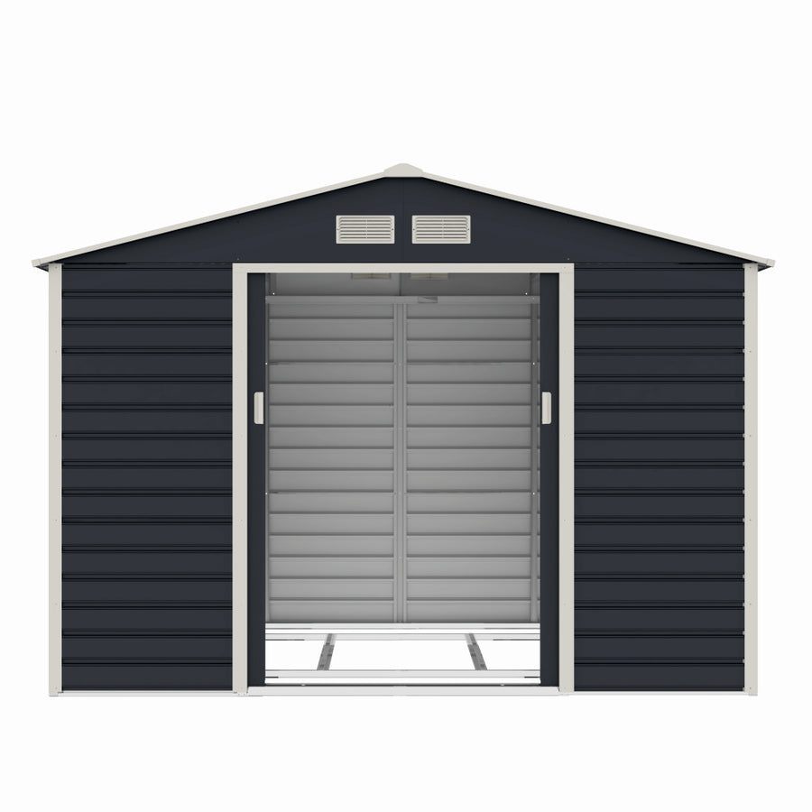Casuta / magazie de gradina premium metalica, MESTERINO Evan-C, Gri/Bej, dimensiuni 277x195x200 cm, cu usi culisante si baza metalica