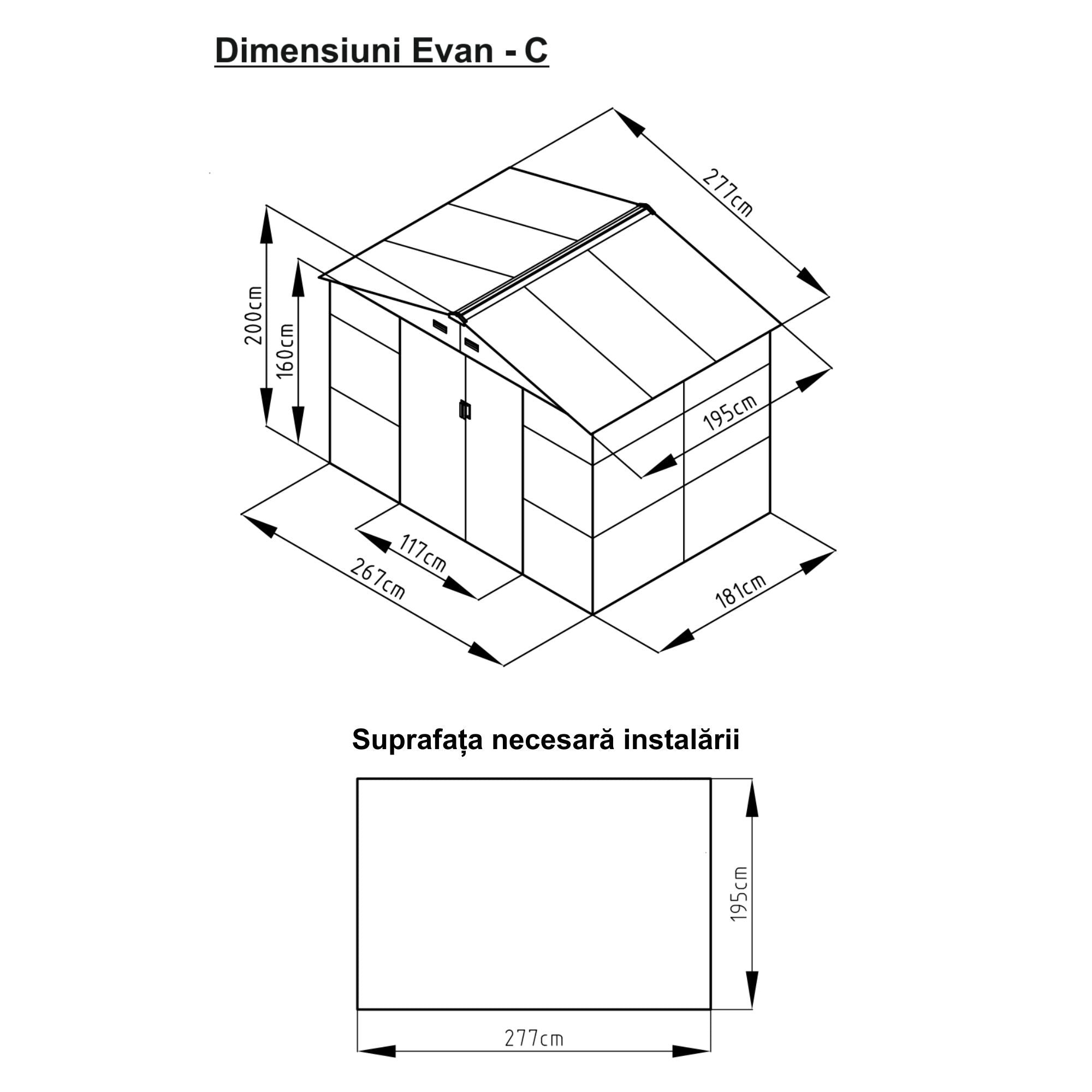 Casuta / magazie de gradina premium metalica, MESTERINO Evan-C, Gri/Bej, dimensiuni 277x195x200 cm, cu usi culisante si baza metalica