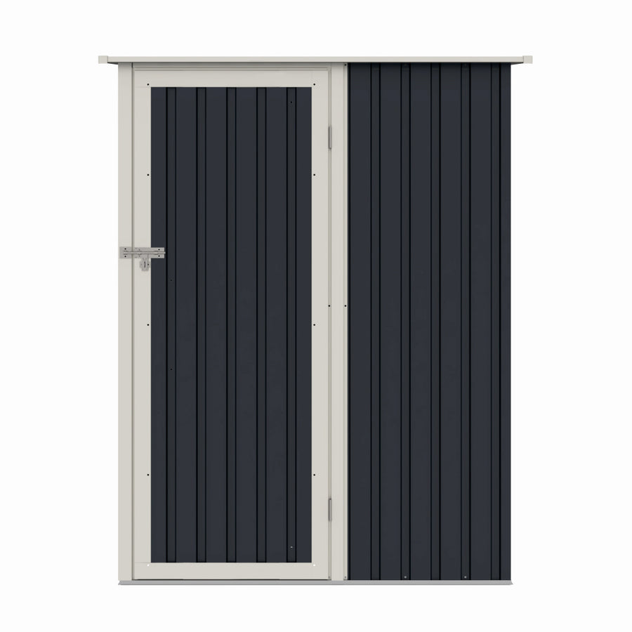 Casuta / magazie de gradina premium metalica, MESTERINO Joy-A, Gri/Bej, dimensiuni 143x89x186 cm, cu usa cu balama si baza metalica