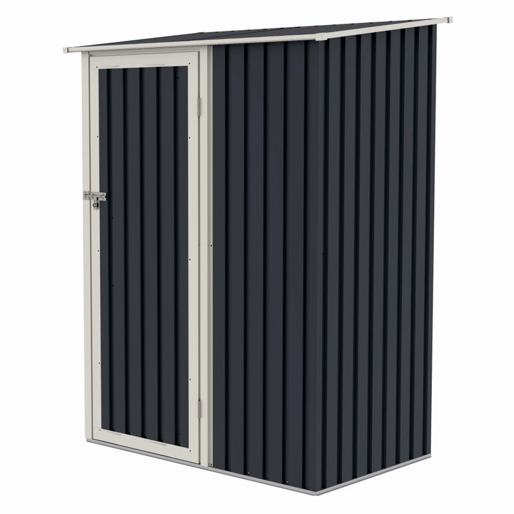 Casuta / magazie de gradina premium metalica, MESTERINO Joy-A, Gri/Bej, dimensiuni 143x89x186 cm, cu usa cu balama si baza metalica