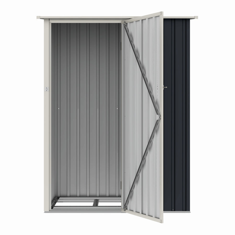 Casuta / magazie de gradina premium metalica, MESTERINO Joy-A, Gri/Bej, dimensiuni 143x89x186 cm, cu usa cu balama si baza metalica