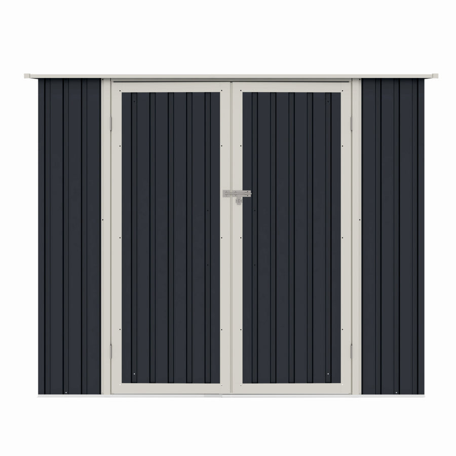 Casuta / magazie de gradina premium metalica, MESTERINO Joy-B, Gri/Bej, dimensiuni 222x149x194 cm, cu usi cu balama si baza metalica