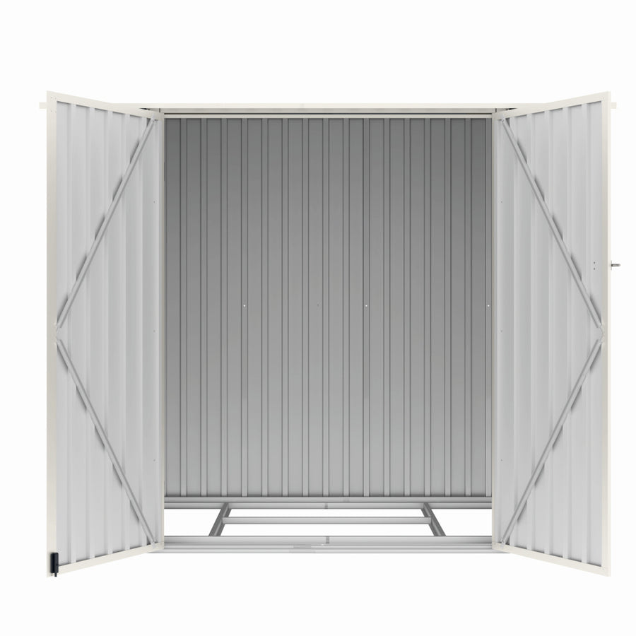 Casuta / magazie de gradina premium metalica, MESTERINO Joy-B, Gri/Bej, dimensiuni 222x149x194 cm, cu usi cu balama si baza metalica