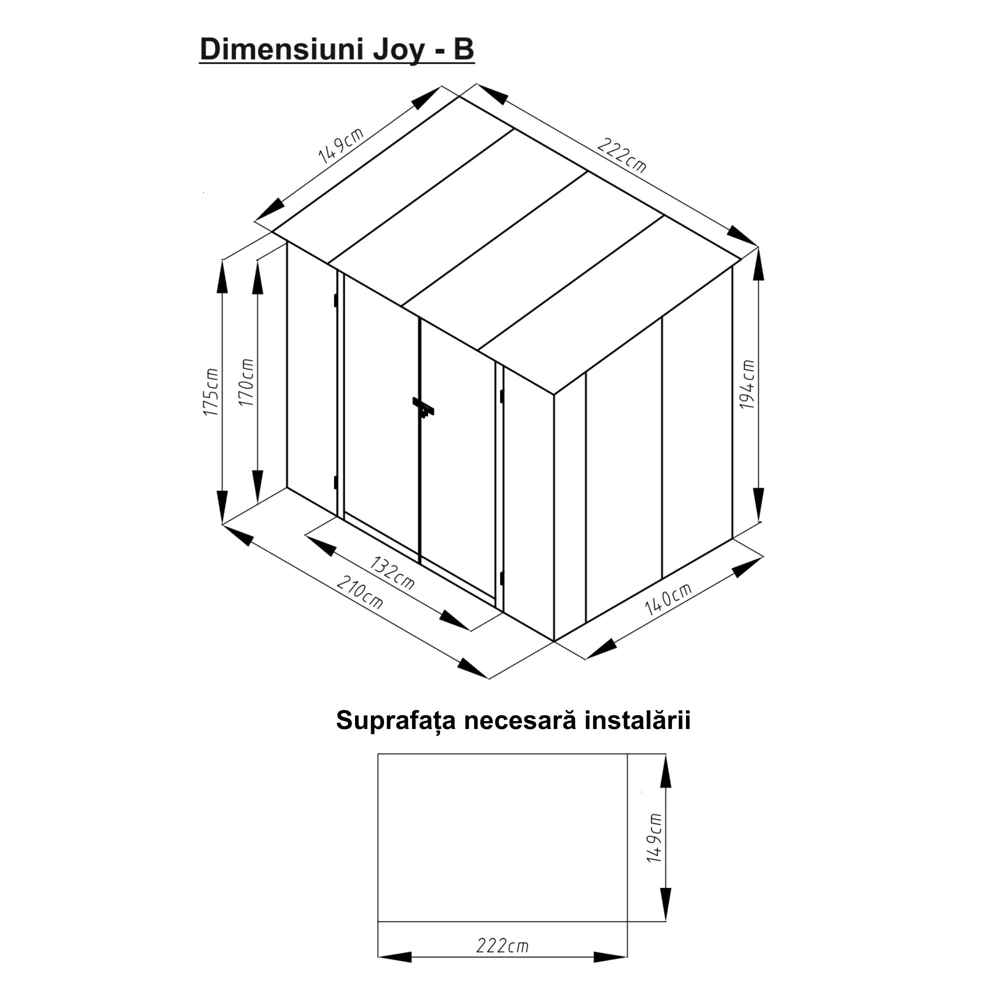 Casuta / magazie de gradina premium metalica, MESTERINO Joy-B, Gri/Bej, dimensiuni 222x149x194 cm, cu usi cu balama si baza metalica