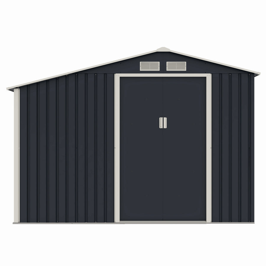 Casuta / magazie de gradina premium metalica, MESTERINO Luke-A, Gri/Bej, dimensiuni 278x131x195 cm, cu usi culisante si baza metalica