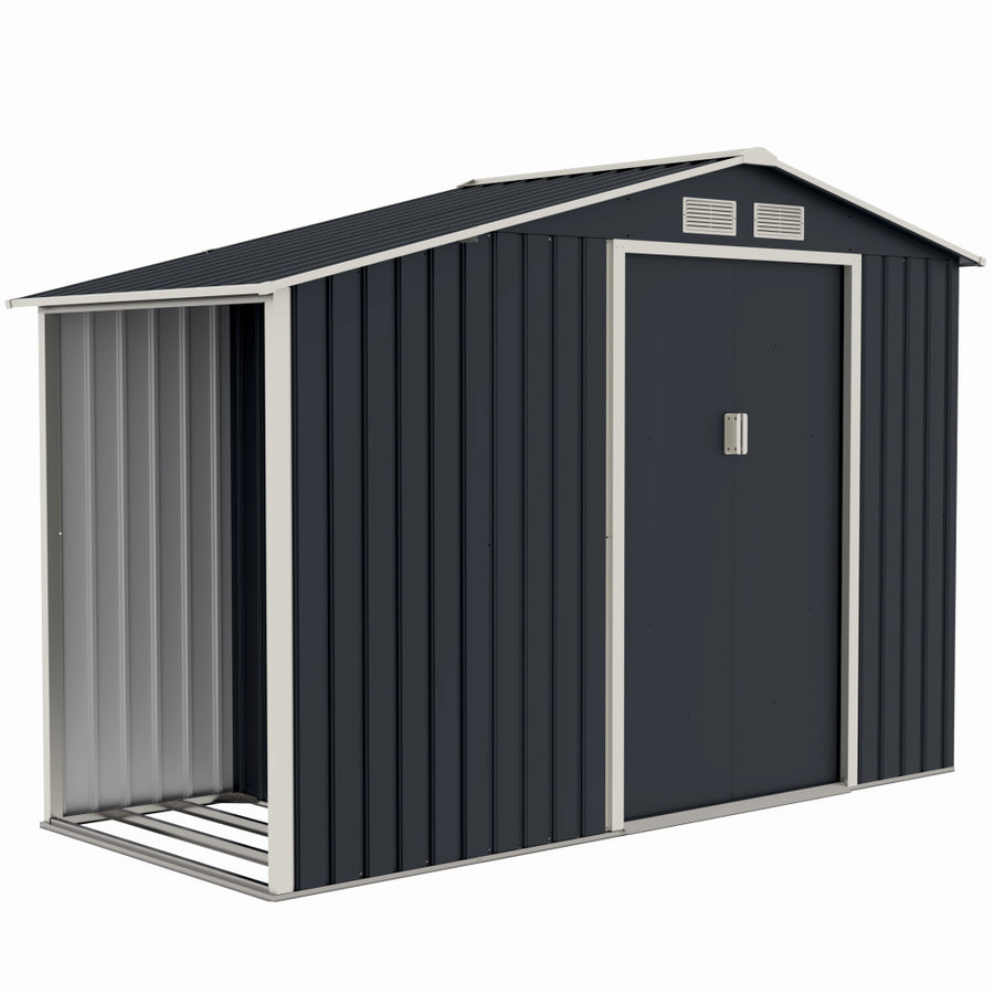 Casuta / magazie de gradina premium metalica, MESTERINO Luke-A, Gri/Bej, dimensiuni 278x131x195 cm, cu usi culisante si baza metalica