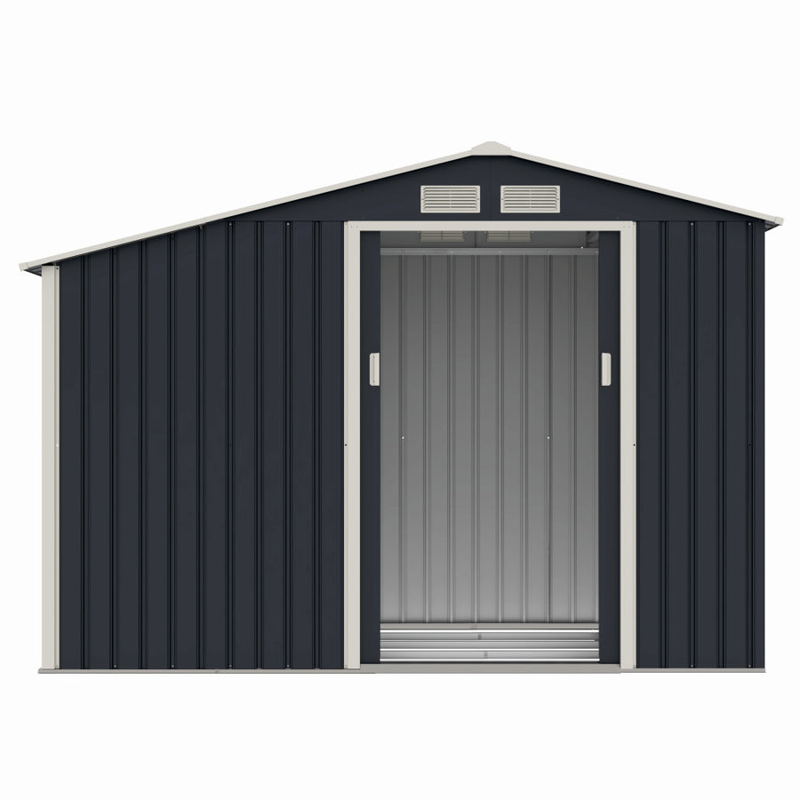 Casuta / magazie de gradina premium metalica, MESTERINO Luke-A, Gri/Bej, dimensiuni 278x131x195 cm, cu usi culisante si baza metalica