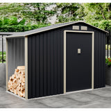 Casuta / magazie de gradina premium metalica, MESTERINO Luke-A, Gri/Bej, dimensiuni 278x131x195 cm, cu usi culisante si baza metalica