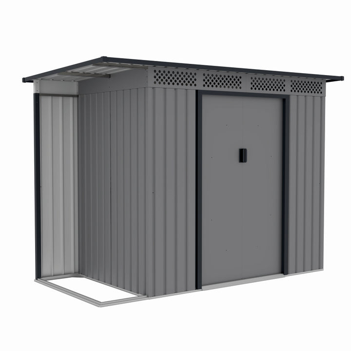 Casuta / magazie de gradina premium metalica, MESTERINO Chester-A, Gri/Bej, dimensiuni 257x142x184 cm, cu usi culisante si baza metalica