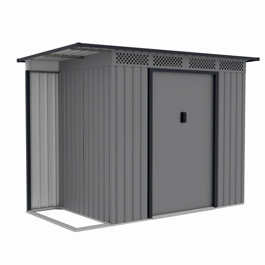 Casuta / magazie de gradina premium metalica, MESTERINO Chester-A, Gri/Bej, dimensiuni 257x142x184 cm, cu usi culisante si baza metalica