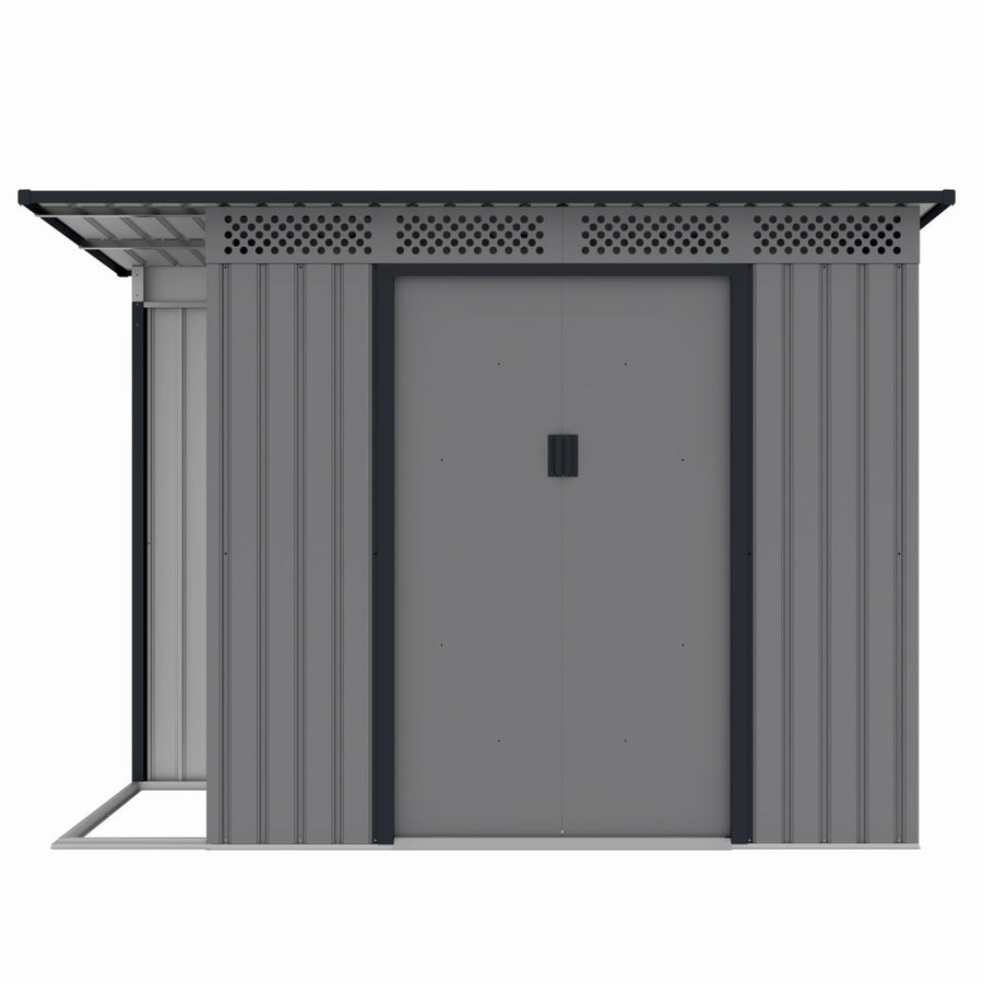 Casuta / magazie de gradina premium metalica, MESTERINO Chester-A, Gri/Bej, dimensiuni 257x142x184 cm, cu usi culisante si baza metalica