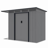 Casuta / magazie de gradina premium metalica, MESTERINO Chester-A, Gri/Bej, dimensiuni 257x142x184 cm, cu usi culisante si baza metalica